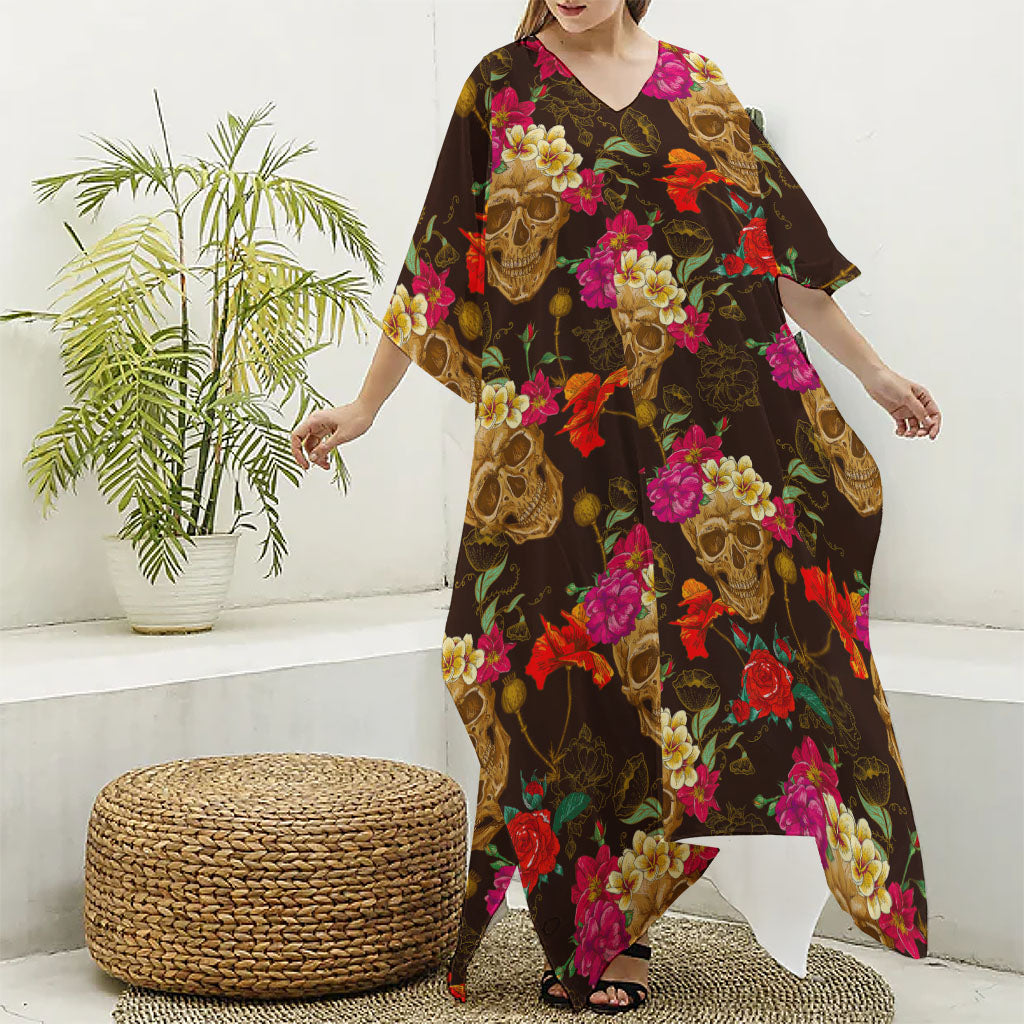Vintage Flowers Skull Pattern Print Silk V-Neck Kaftan Dress
