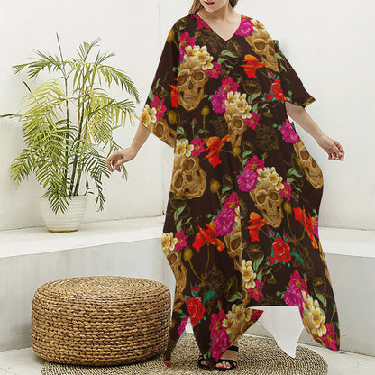 Vintage Flowers Skull Pattern Print Silk V-Neck Kaftan Dress