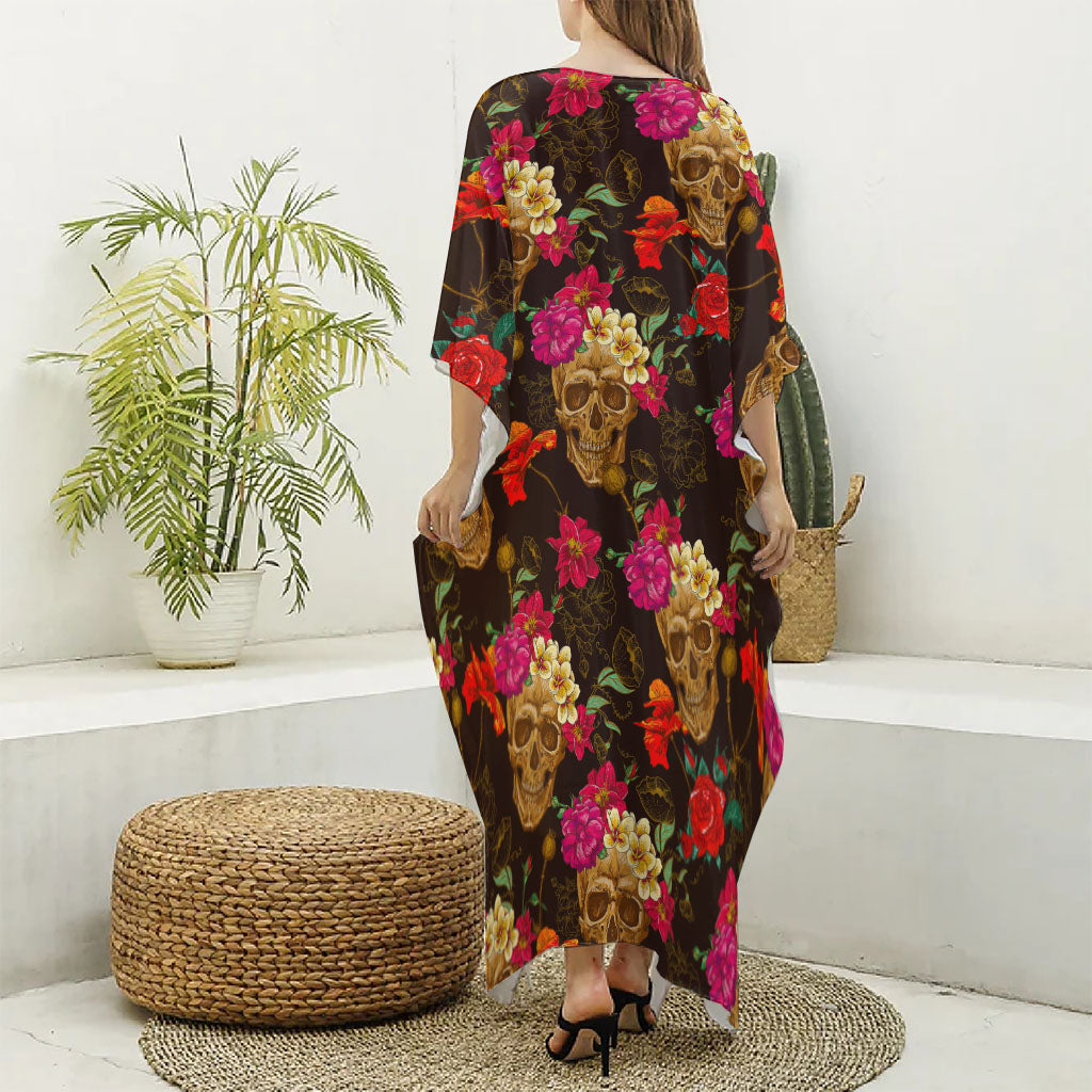 Vintage Flowers Skull Pattern Print Silk V-Neck Kaftan Dress