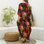 Vintage Flowers Skull Pattern Print Silk V-Neck Kaftan Dress