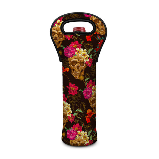 Vintage Flowers Skull Pattern Print Single Neoprene Wine Tote