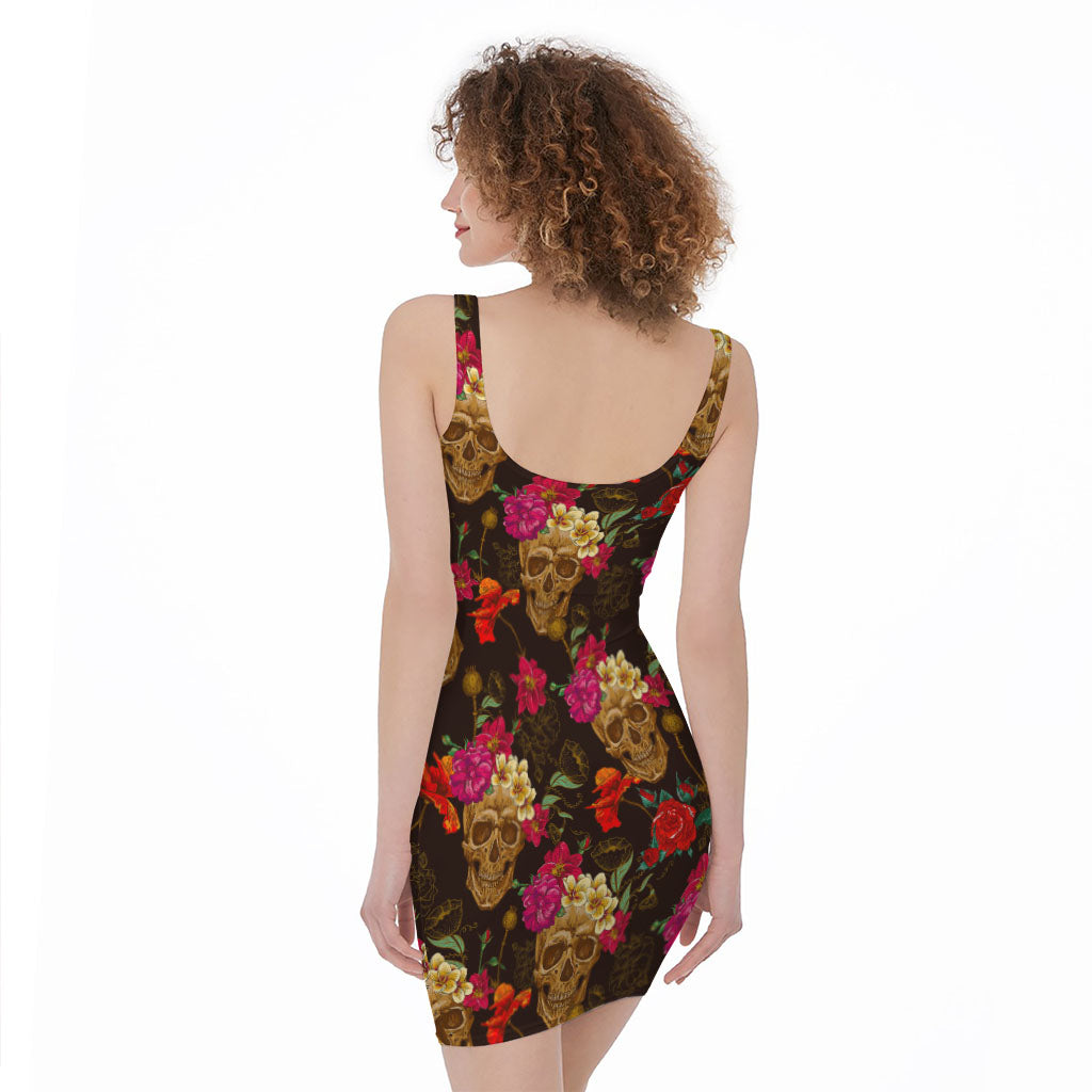 Vintage Flowers Skull Pattern Print Sleeveless Bodycon Dress
