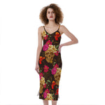 Vintage Flowers Skull Pattern Print Slim Fit Midi Cami Dress