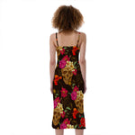 Vintage Flowers Skull Pattern Print Slim Fit Midi Cami Dress