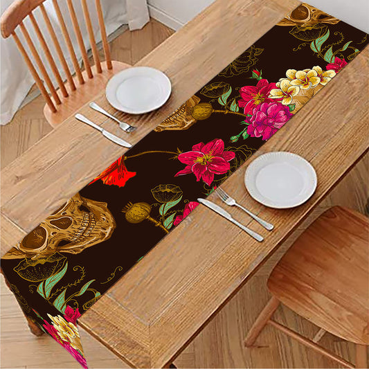 Vintage Flowers Skull Pattern Print Table Runner