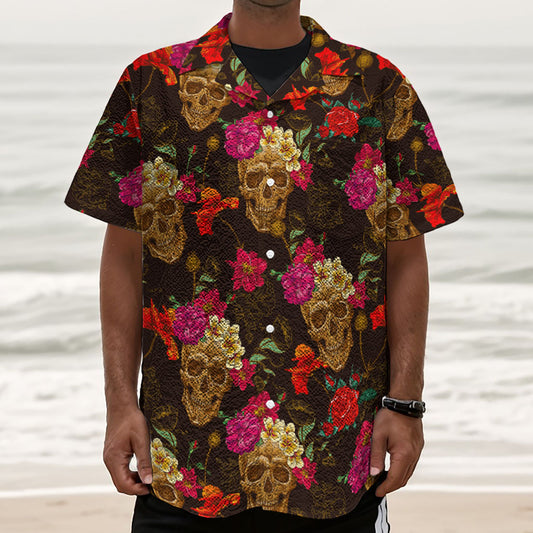 Vintage Flowers Skull Pattern Print Textured Short Sleeve Shirt