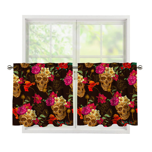 Vintage Flowers Skull Pattern Print Tier Curtains