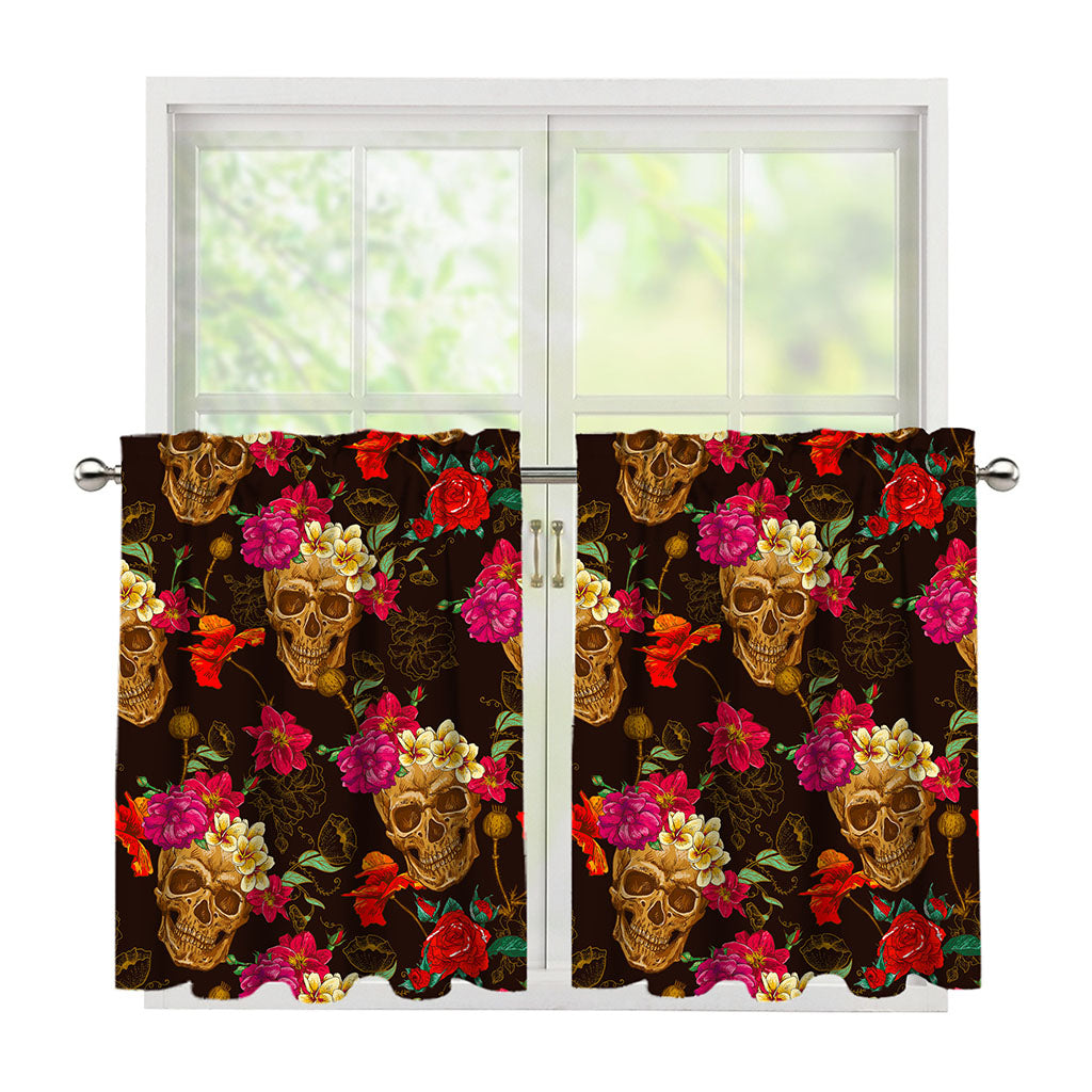 Vintage Flowers Skull Pattern Print Tier Curtains