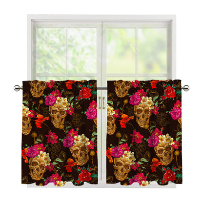 Vintage Flowers Skull Pattern Print Tier Curtains