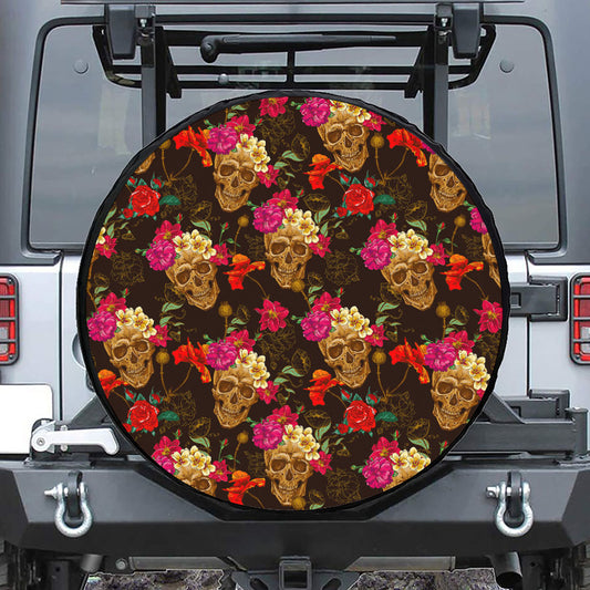 Vintage Flowers Skull Pattern Print Tire Cover