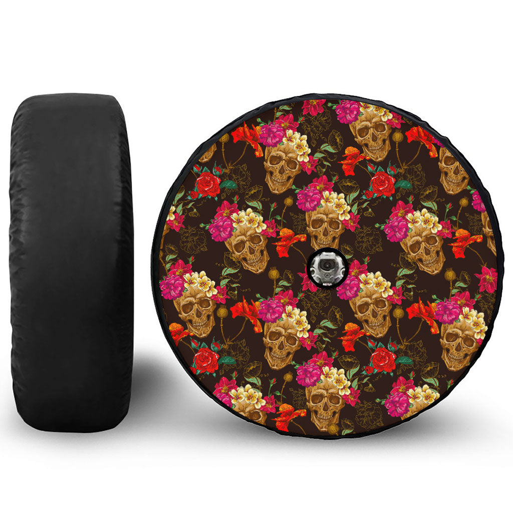Vintage Flowers Skull Pattern Print Tire Cover With Camera Hole