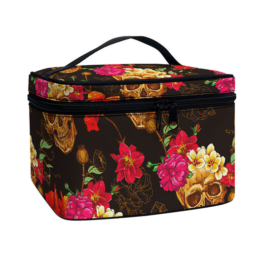 Vintage Flowers Skull Pattern Print Travel Makeup Bag