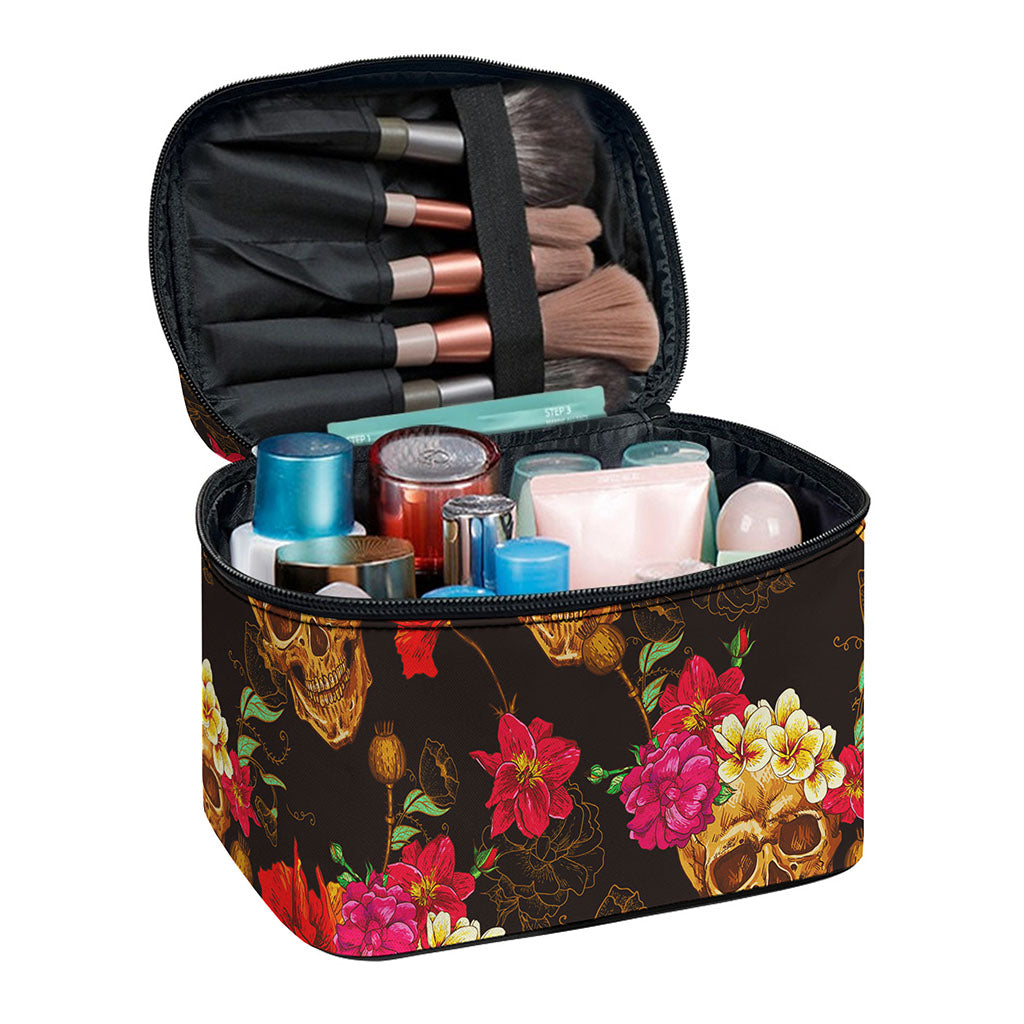 Vintage Flowers Skull Pattern Print Travel Makeup Bag