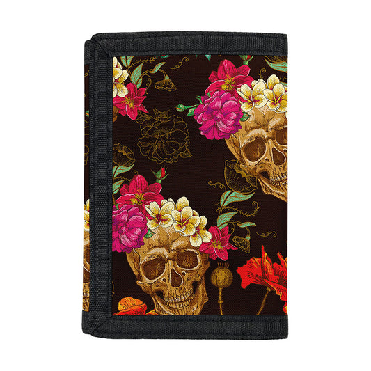 Vintage Flowers Skull Pattern Print Trifold Wallet