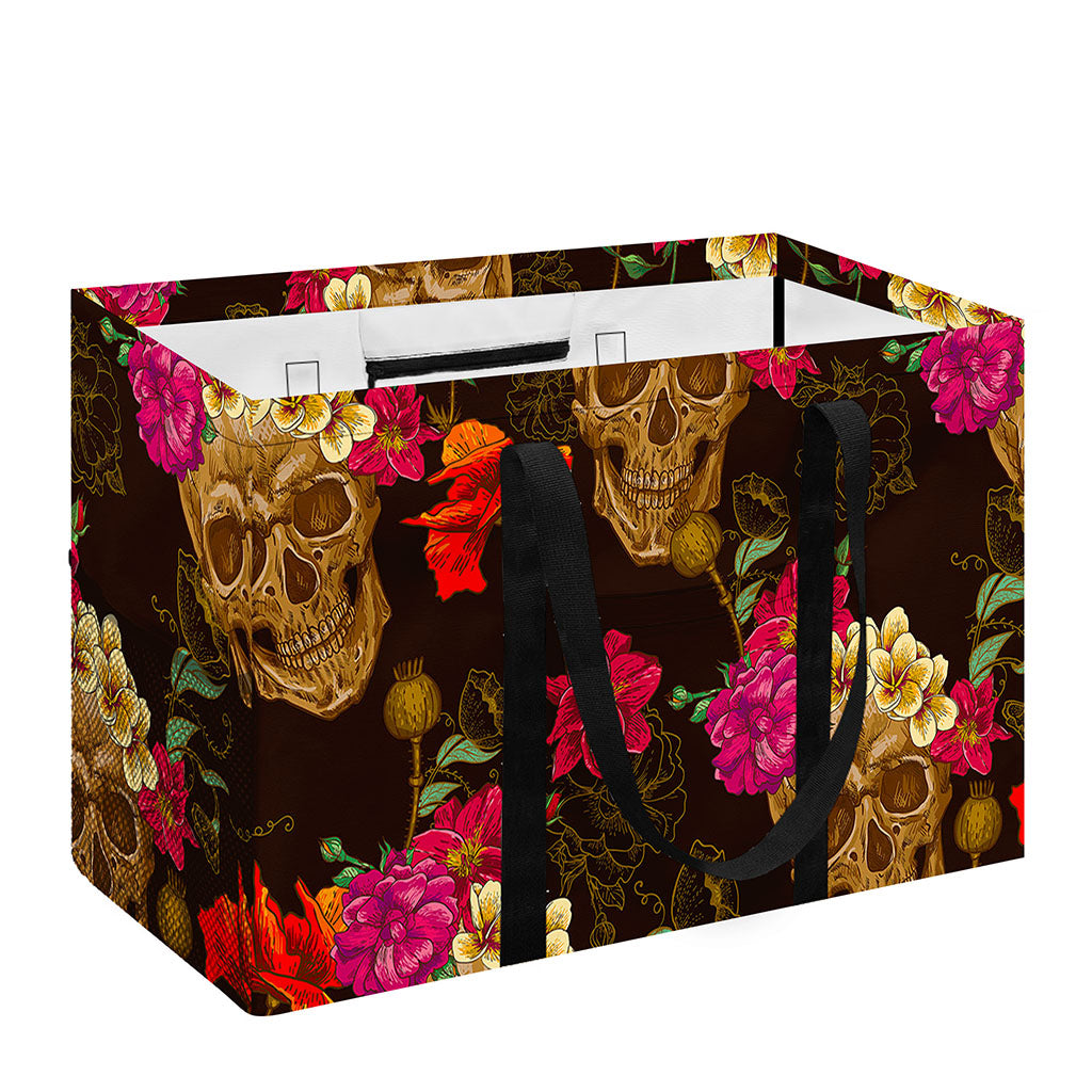 Vintage Flowers Skull Pattern Print Utility Tote Bag