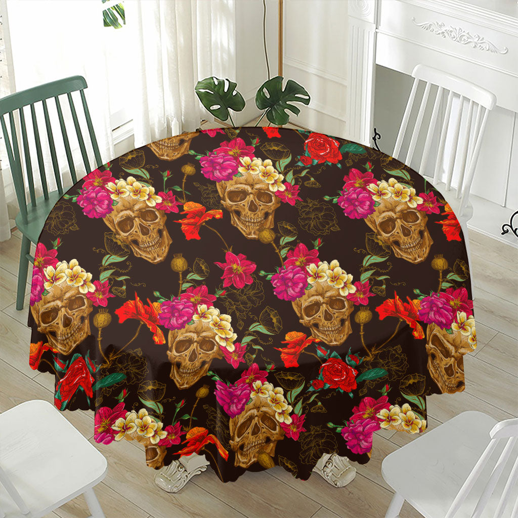 Vintage Flowers Skull Pattern Print Waterproof Round Tablecloth