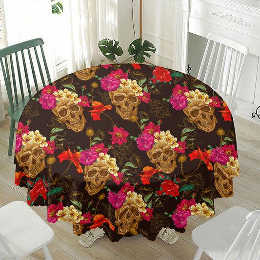 Vintage Flowers Skull Pattern Print Waterproof Round Tablecloth