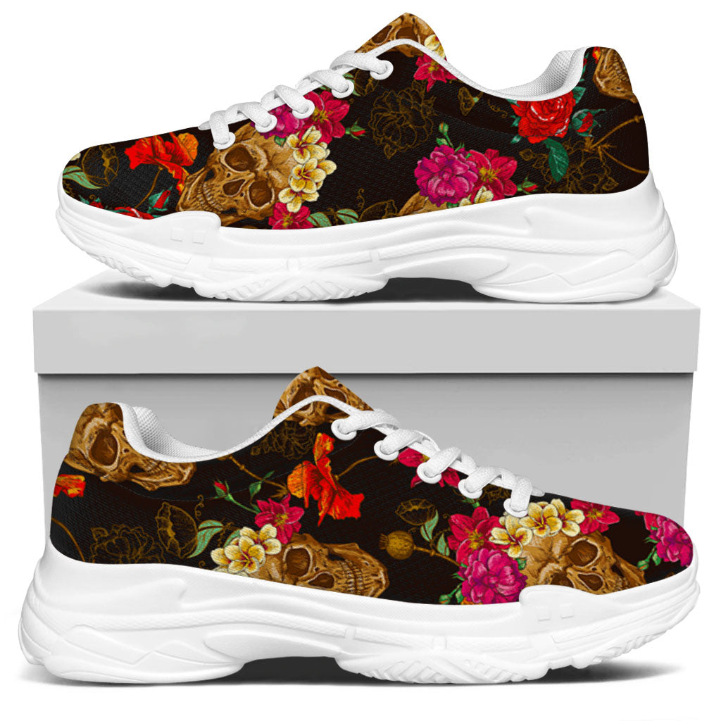 Vintage Flowers Skull Pattern Print White Chunky Shoes