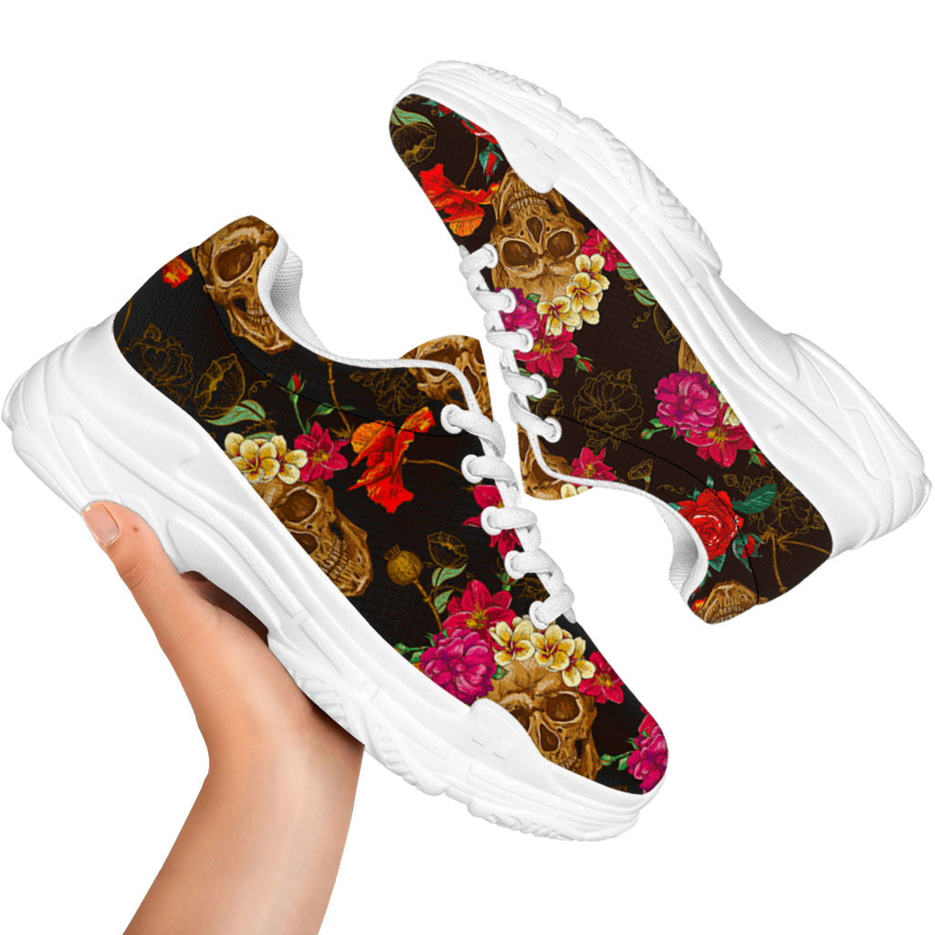 Vintage Flowers Skull Pattern Print White Chunky Shoes