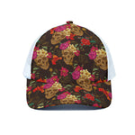 Vintage Flowers Skull Pattern Print White Mesh Trucker Cap