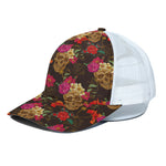 Vintage Flowers Skull Pattern Print White Mesh Trucker Cap