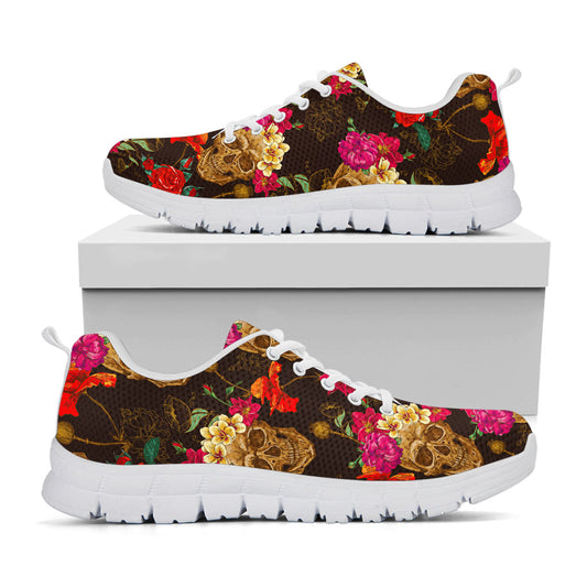 Vintage Flowers Skull Pattern Print White Running Shoes