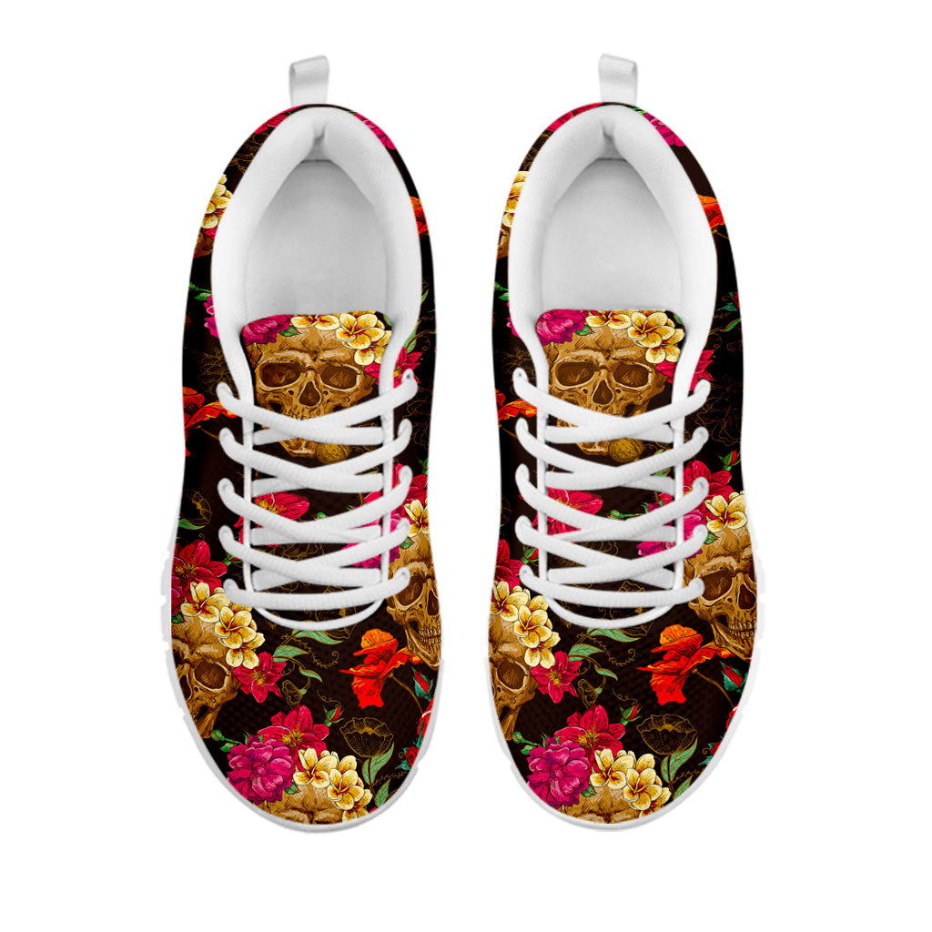 Vintage Flowers Skull Pattern Print White Running Shoes