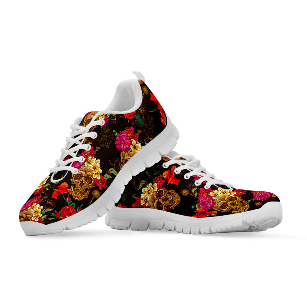 Vintage Flowers Skull Pattern Print White Running Shoes