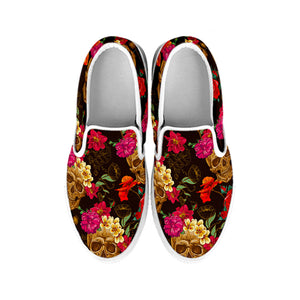 Vintage Flowers Skull Pattern Print White Slip On Sneakers