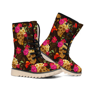 Vintage Flowers Skull Pattern Print Winter Boots