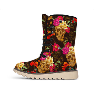 Vintage Flowers Skull Pattern Print Winter Boots