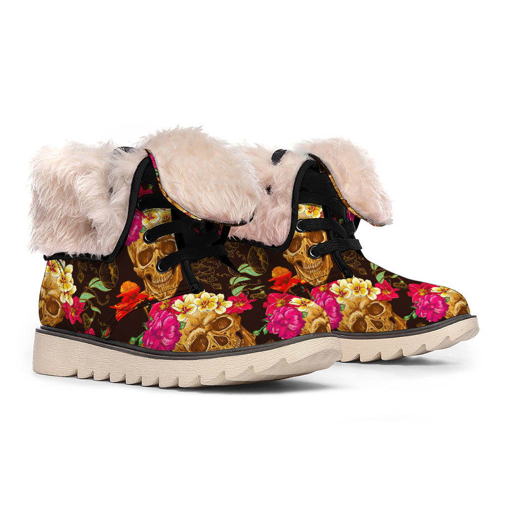 Vintage Flowers Skull Pattern Print Winter Boots