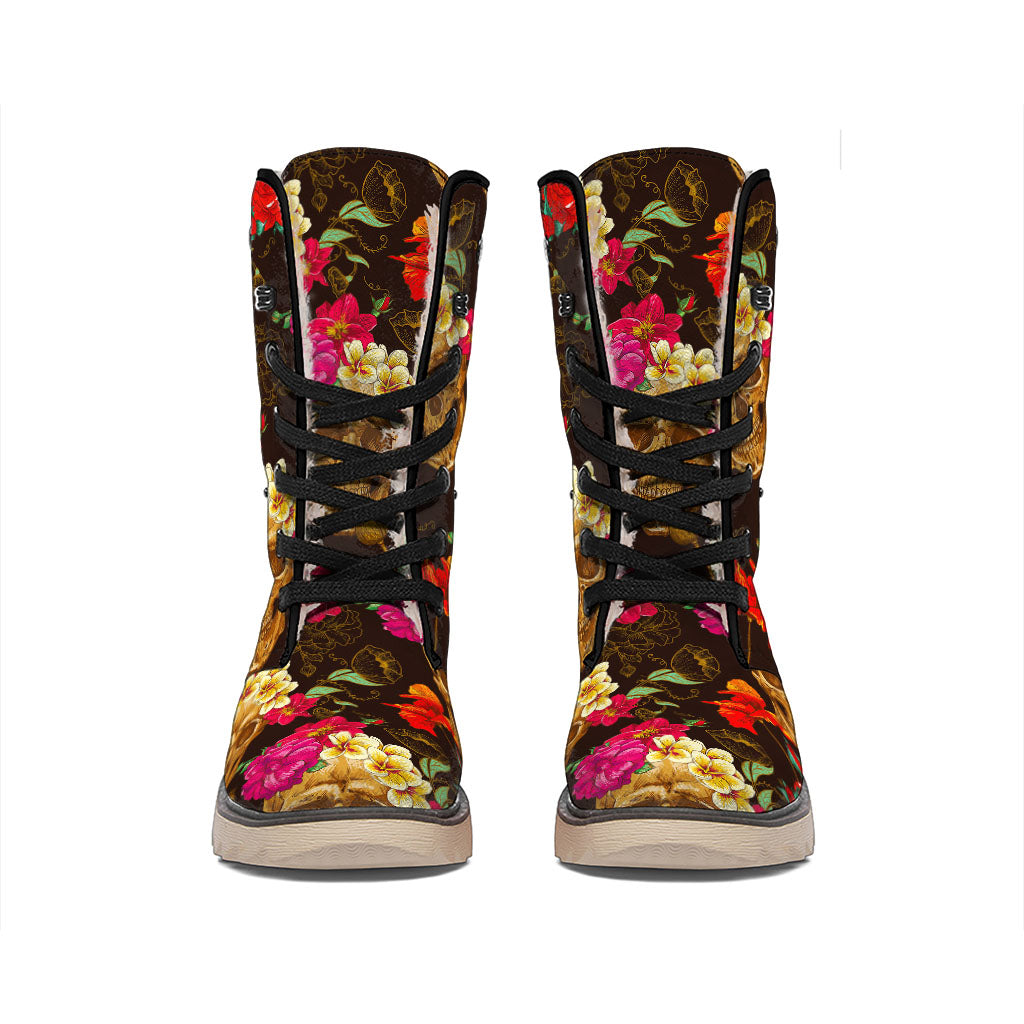 Vintage Flowers Skull Pattern Print Winter Boots