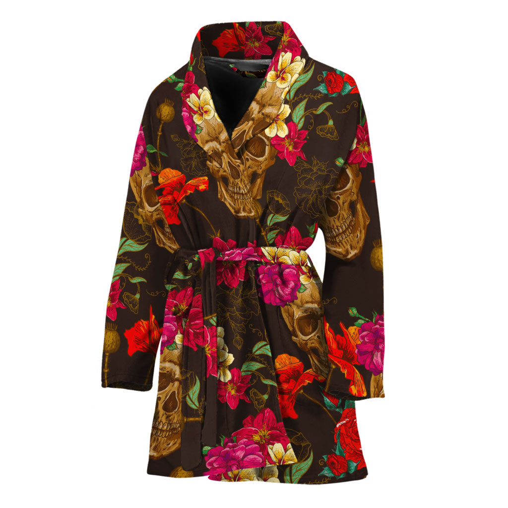 Vintage Flowers Skull Pattern Print Women's Bathrobe