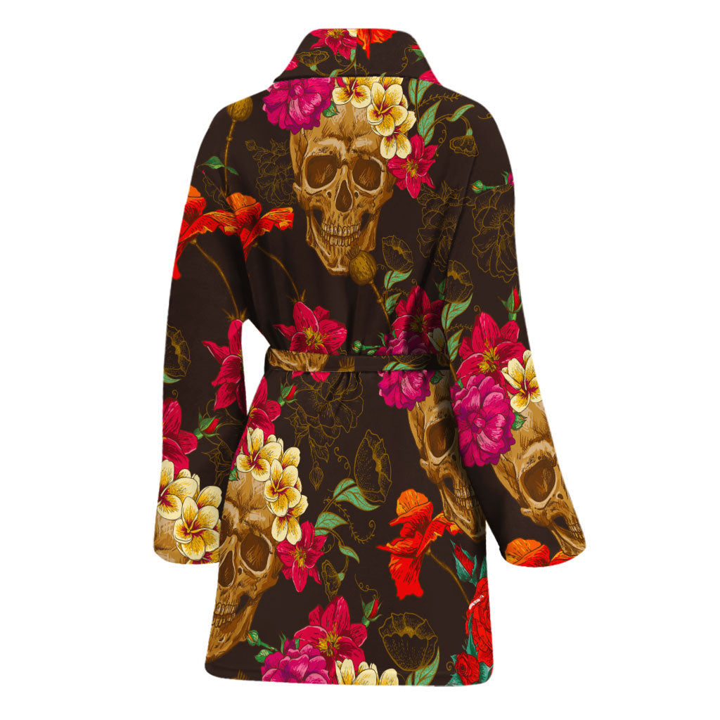 Vintage Flowers Skull Pattern Print Women's Bathrobe