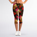 Vintage Flowers Skull Pattern Print Women's Capri Leggings