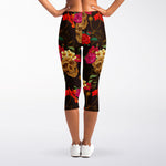 Vintage Flowers Skull Pattern Print Women's Capri Leggings