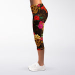 Vintage Flowers Skull Pattern Print Women's Capri Leggings