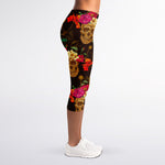 Vintage Flowers Skull Pattern Print Women's Capri Leggings