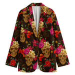 Vintage Flowers Skull Pattern Print Women's Cotton Blazer