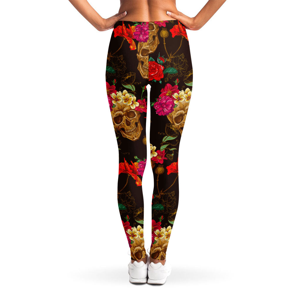 Vintage Flowers Skull Pattern Print Women's Leggings