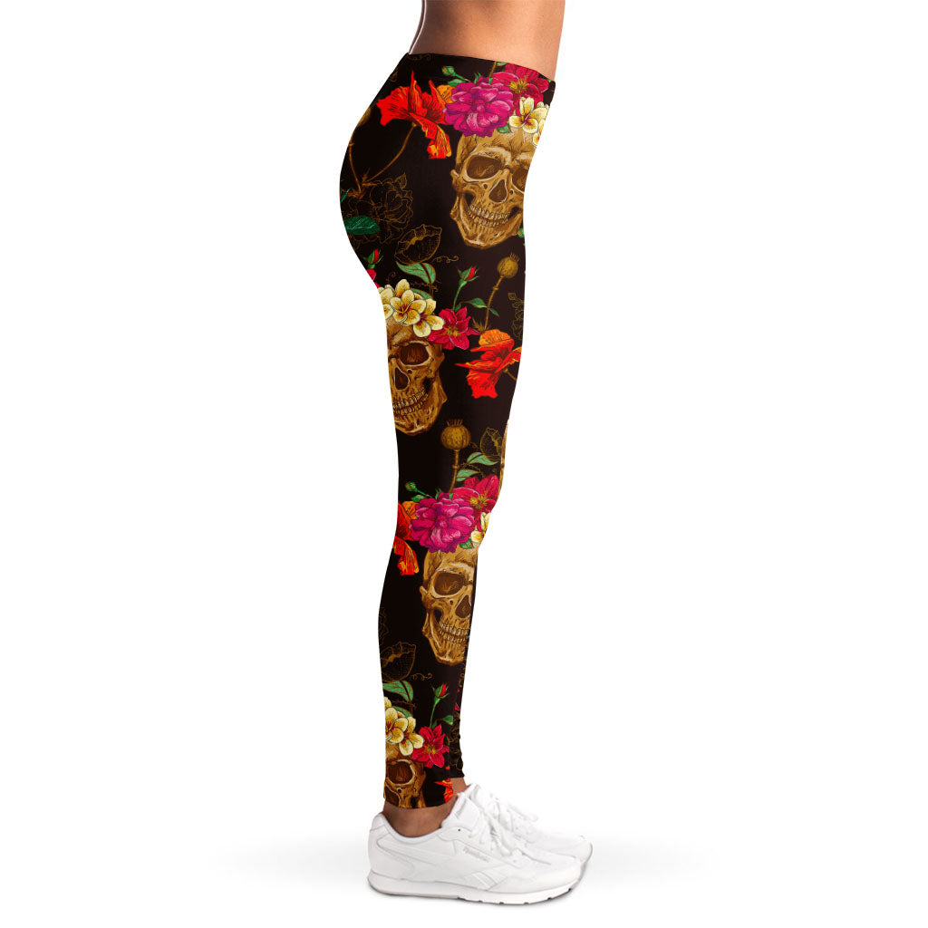 Vintage Flowers Skull Pattern Print Women's Leggings