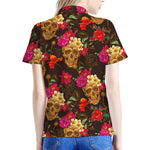 Vintage Flowers Skull Pattern Print Women's Polo Shirt