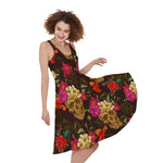 Vintage Flowers Skull Pattern Print Women's Sleeveless Dress