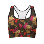 Vintage Flowers Skull Pattern Print Women's Sports Bra