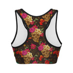 Vintage Flowers Skull Pattern Print Women's Sports Bra