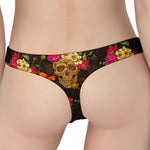 Vintage Flowers Skull Pattern Print Women's Thong