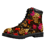 Vintage Flowers Skull Pattern Print Work Boots