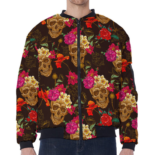 Vintage Flowers Skull Pattern Print Zip Sleeve Bomber Jacket