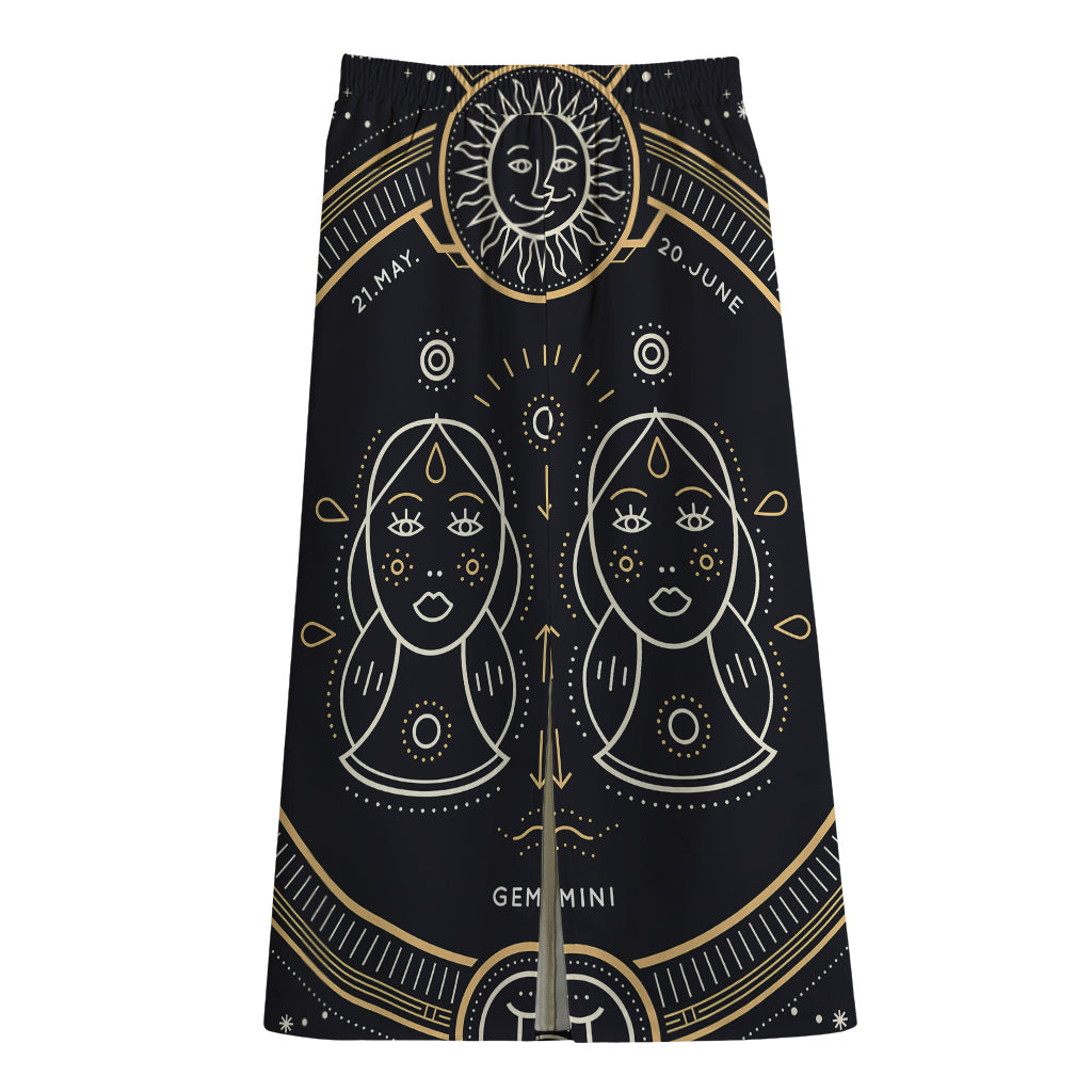 Vintage Gemini Zodiac Sign Print Cotton Front Slit Maxi Skirt